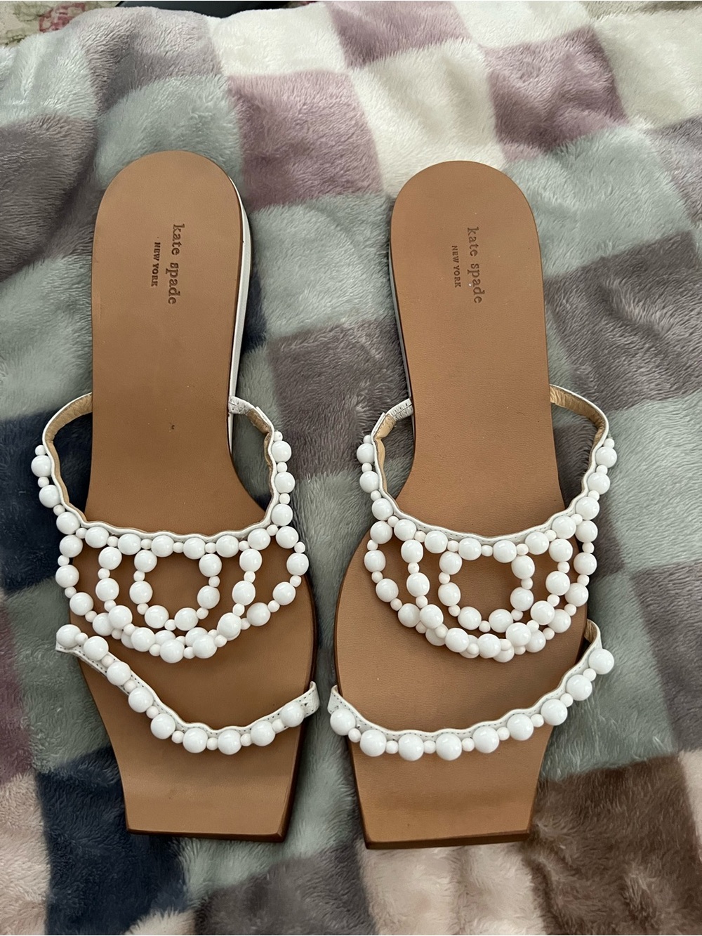 kate spade white beaded tan slide sandals